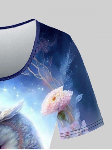 Plus Size Galaxy Flower Wreath Owl Print T-shirt