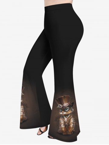 Plus Size Cat Hat Print Flare Pants - DEEP COFFEE - L