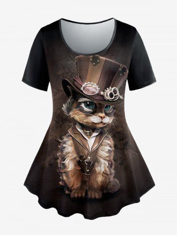 Plus Size Cat Hat Floral Print T-shirt - DEEP COFFEE - 1X