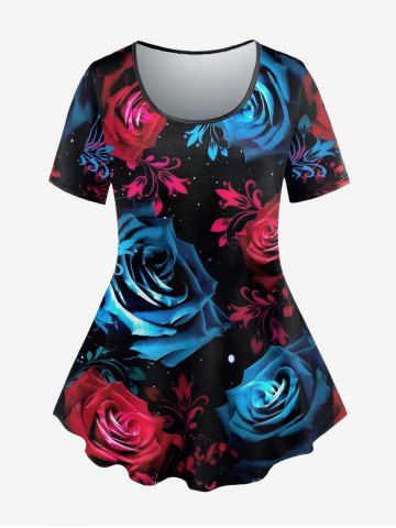 T-shirt Rose Imprimée de Grande Taille à Paillettes - MULTI - 1X