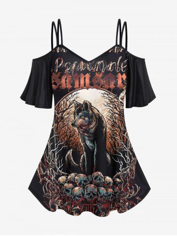 Gothic Wolf Tree Skulls Print Cold Shoulder Cami T-shirt - BLACK - S