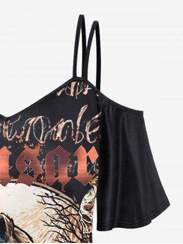 Gothic Wolf Tree Skulls Print Cold Shoulder Cami T-shirt