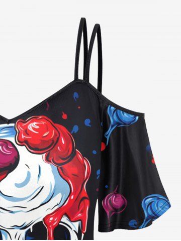 Gothic Skulls Ice Cream Floral Print Cold Shoulder Cami T-shirt