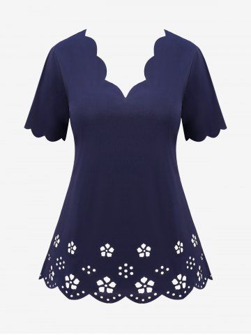 T-shirt Evidé Festonné Fleuri en Couleur Unie de Grande Taille - DEEP BLUE - 1XL
