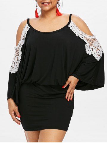 Plus Size Ruched Crochet Floral Cold Shoulder Dress