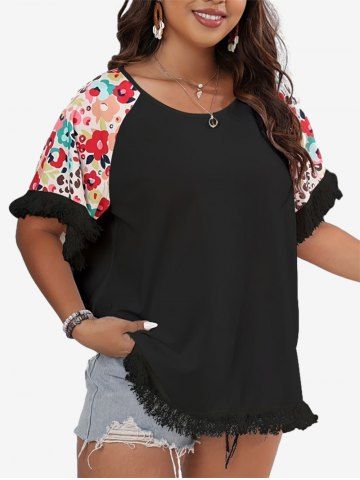 Plus Size Floral Print Tassel T-shirt - BLACK - XL