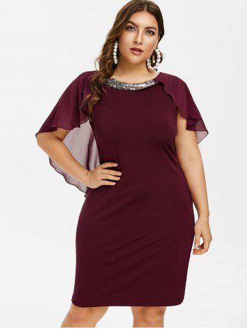 Plus Size Sequins Back Chiffon Overlay Dress - DEEP RED - 4X | US 26-28