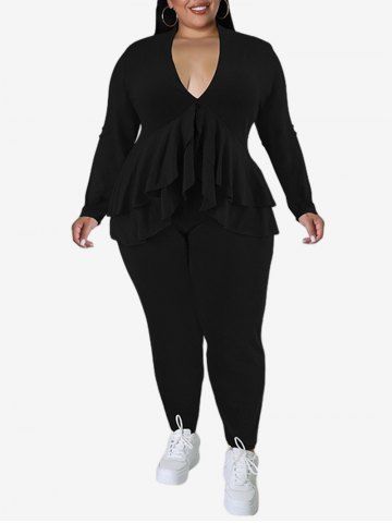 Plus Size Ruffles Long Sleeves T-shirt and Pants Set - BLACK - XL
