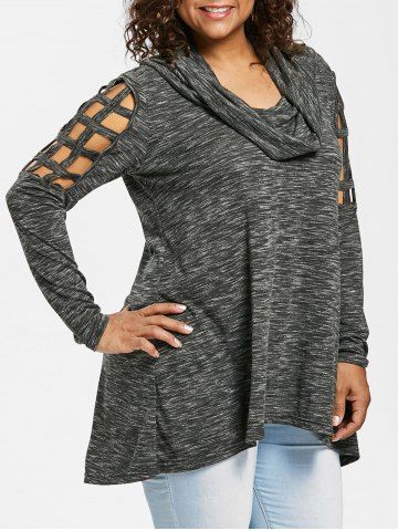 Plus Size Marled Braided Sleeves Cowl Neck T-shirt