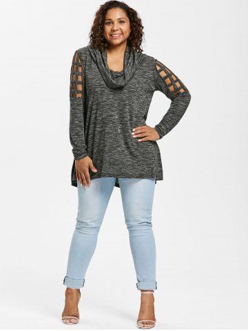 Plus Size Marled Braided Sleeves Cowl Neck T-shirt