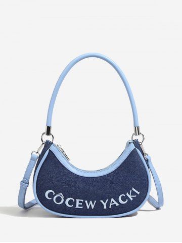 Women's Daily Streetwear Letter Embroidered Denim Panel Crescent Shape Underarm Shoulder Bag - BLUE - REGULAR