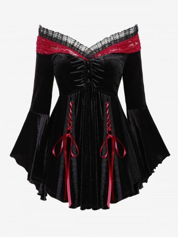 Plus Size Lace-up Cinched Ruched Lace Trim Velvet Flare Sleeves T-shirt - BLACK - 5X | US 30-32