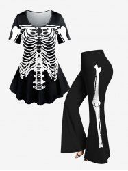 Ensemble de T-shirt D'Halloween Squelette Imprimée Costume de Grande Taille et de Pantalon Evasé - Noir 