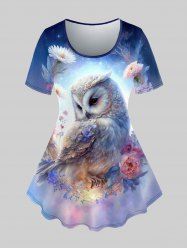 Plus Size Galaxy Flower Wreath Owl Print T-shirt -  