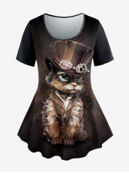 Plus Size Cat Hat Floral Print T-shirt -  