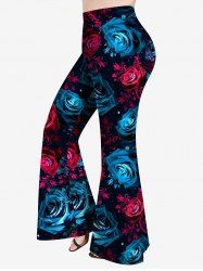 Plus Size Rose Glitter Print Flare Pants -  