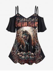 Gothic Wolf Tree Skulls Print Cold Shoulder Cami T-shirt -  