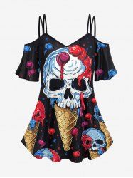 T-shirt à Bretelle Gothique Fleuri Crâne Imprimée à Epaule Dénudée - Noir 6X