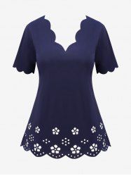 T-shirt Evidé Festonné Fleuri en Couleur Unie de Grande Taille - Bleu profond 3XL