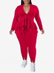 Plus Size Ruffles Long Sleeves T-shirt and Pants Set -  