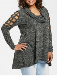 Plus Size Marled Braided Sleeves Cowl Neck T-shirt -  