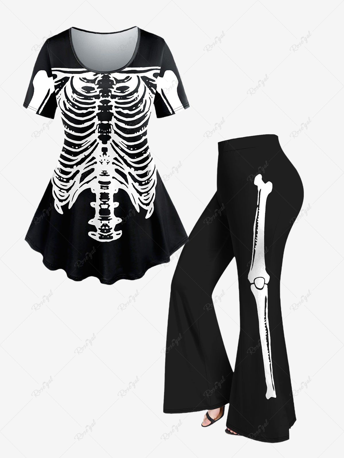 Ensemble de T-shirt D'Halloween Squelette Imprimée Costume de Grande Taille et de Pantalon Evasé Noir 