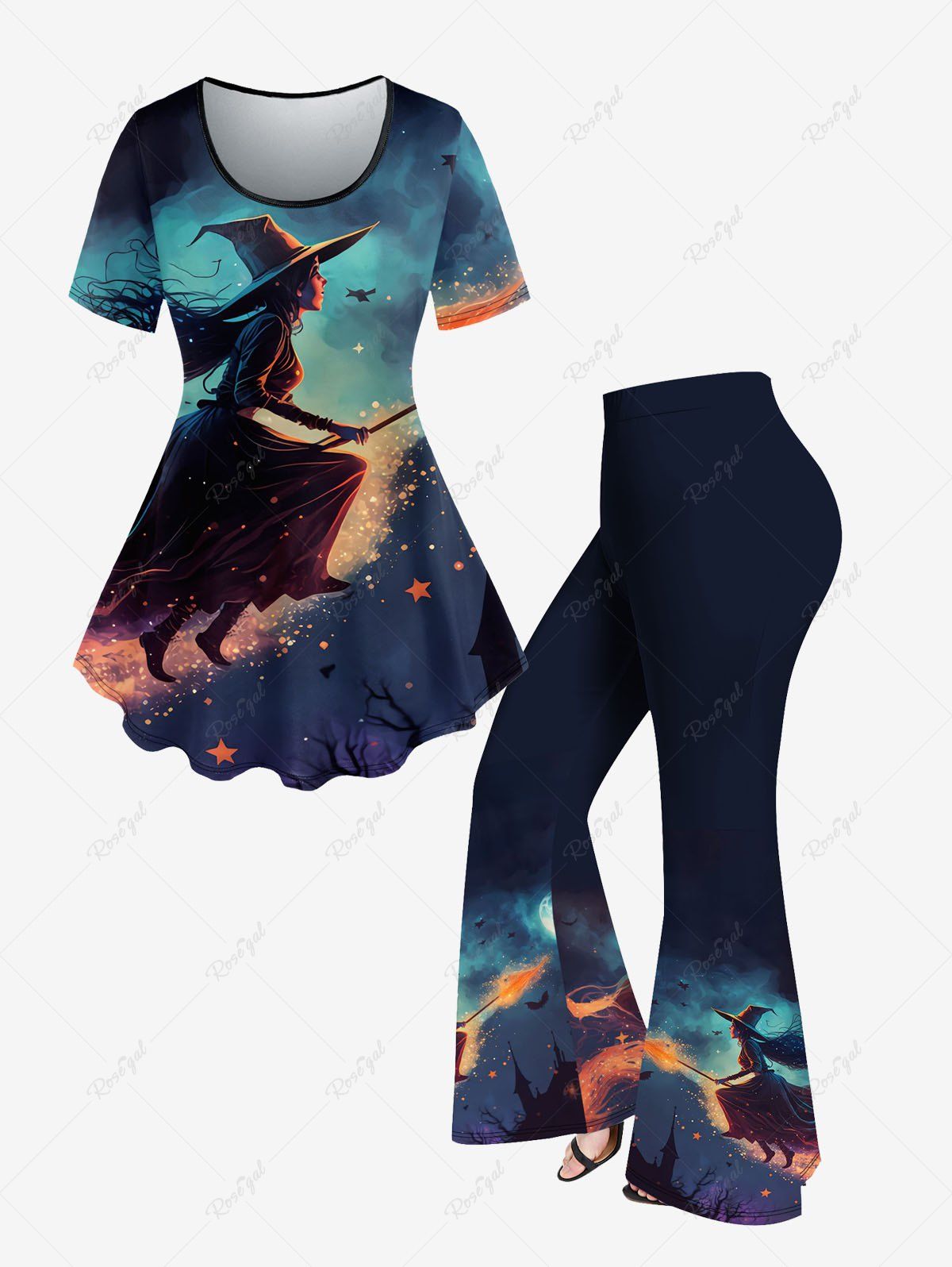 Shops Halloween Costume Hat Girl Moon Tree House Glitter Printed T-shirt and Flare Pants Plus Size Matching Set  