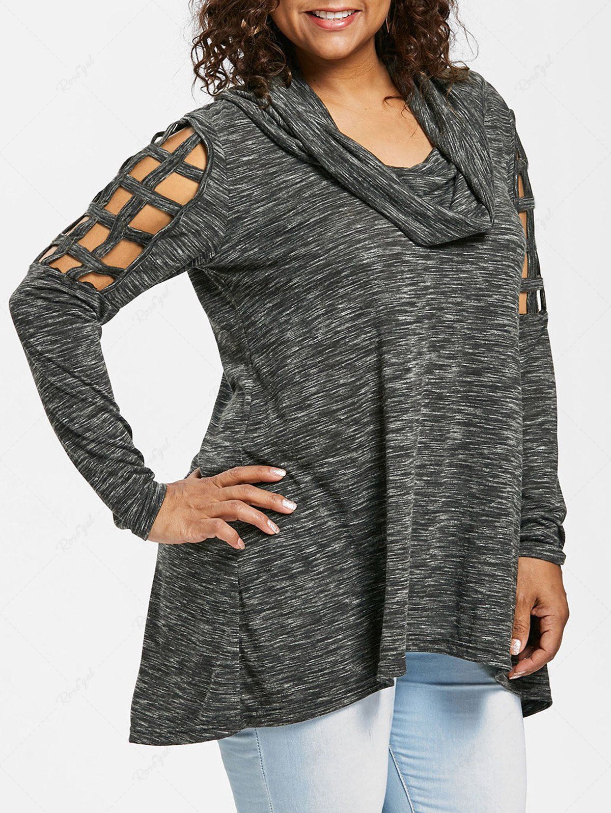 Plus Size Marled Braided Sleeves Cowl Neck T-shirt Gris 1X | US 14-16