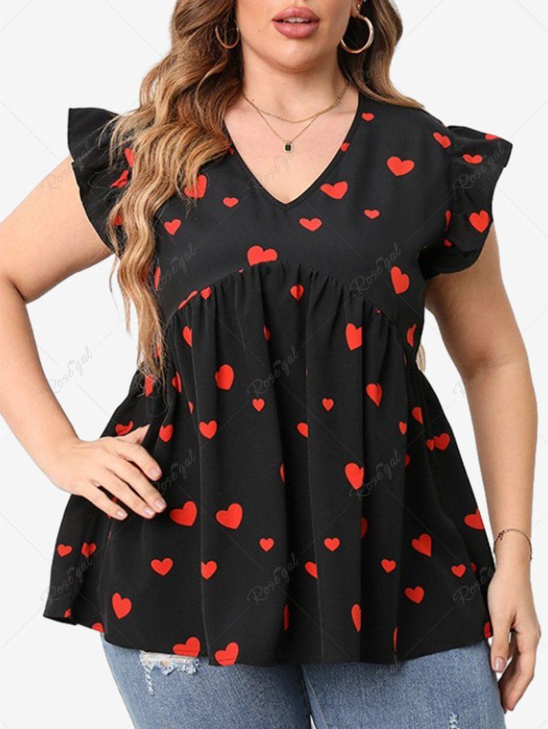Sale Plus Size Heart Printed Cap Sleeves Ruffles T-shirt  