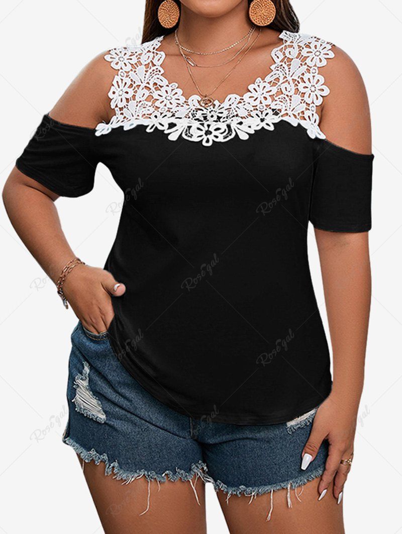 T-shirt Applique Fleuri à Epaule Dénudée de Grande Taille Noir 2XL