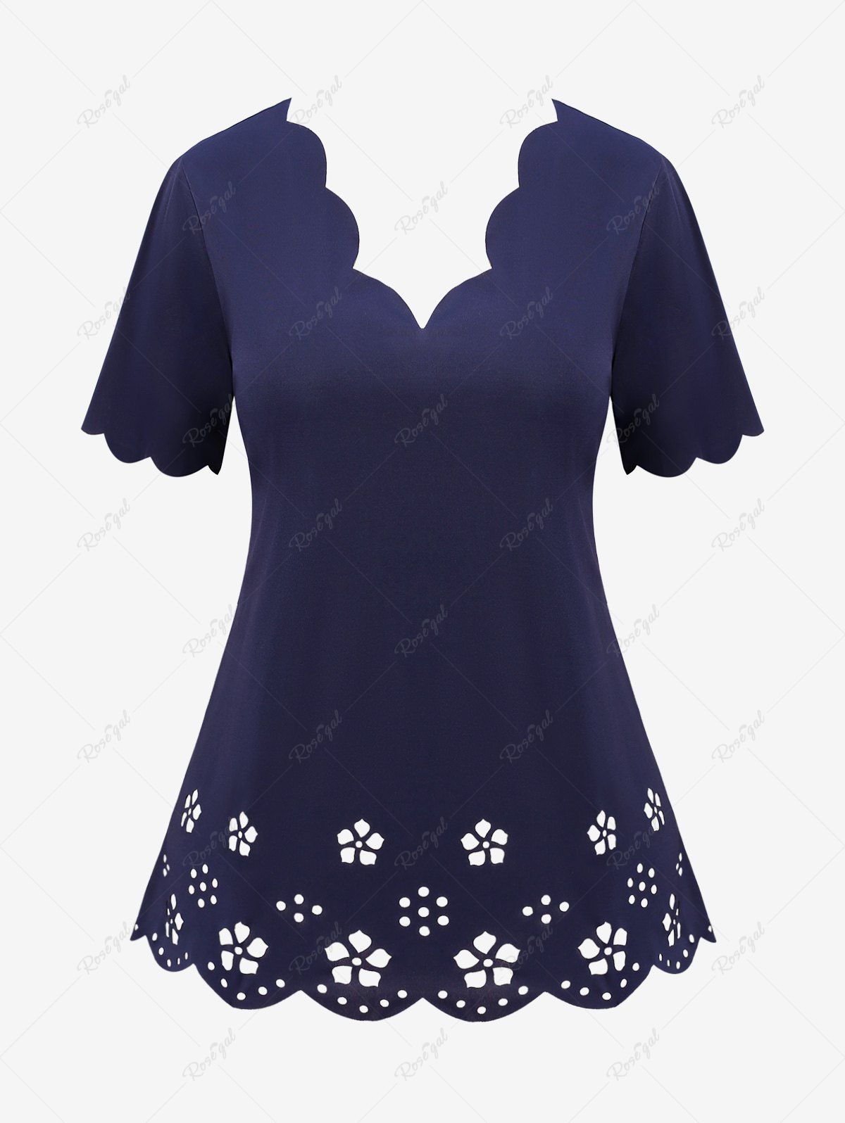 T-shirt Evidé Festonné Fleuri en Couleur Unie de Grande Taille Bleu profond 3XL