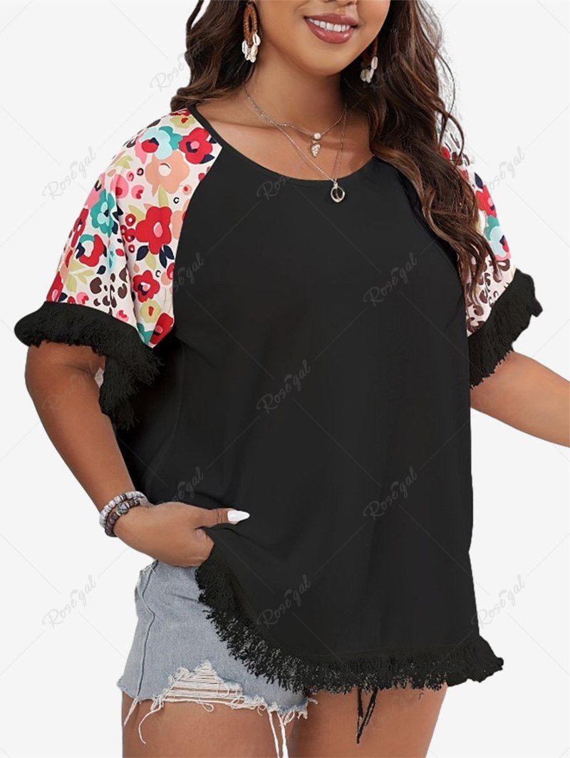 T-shirt Fleuri Imprimé de Grande Taille avec Frange Noir 3XL
