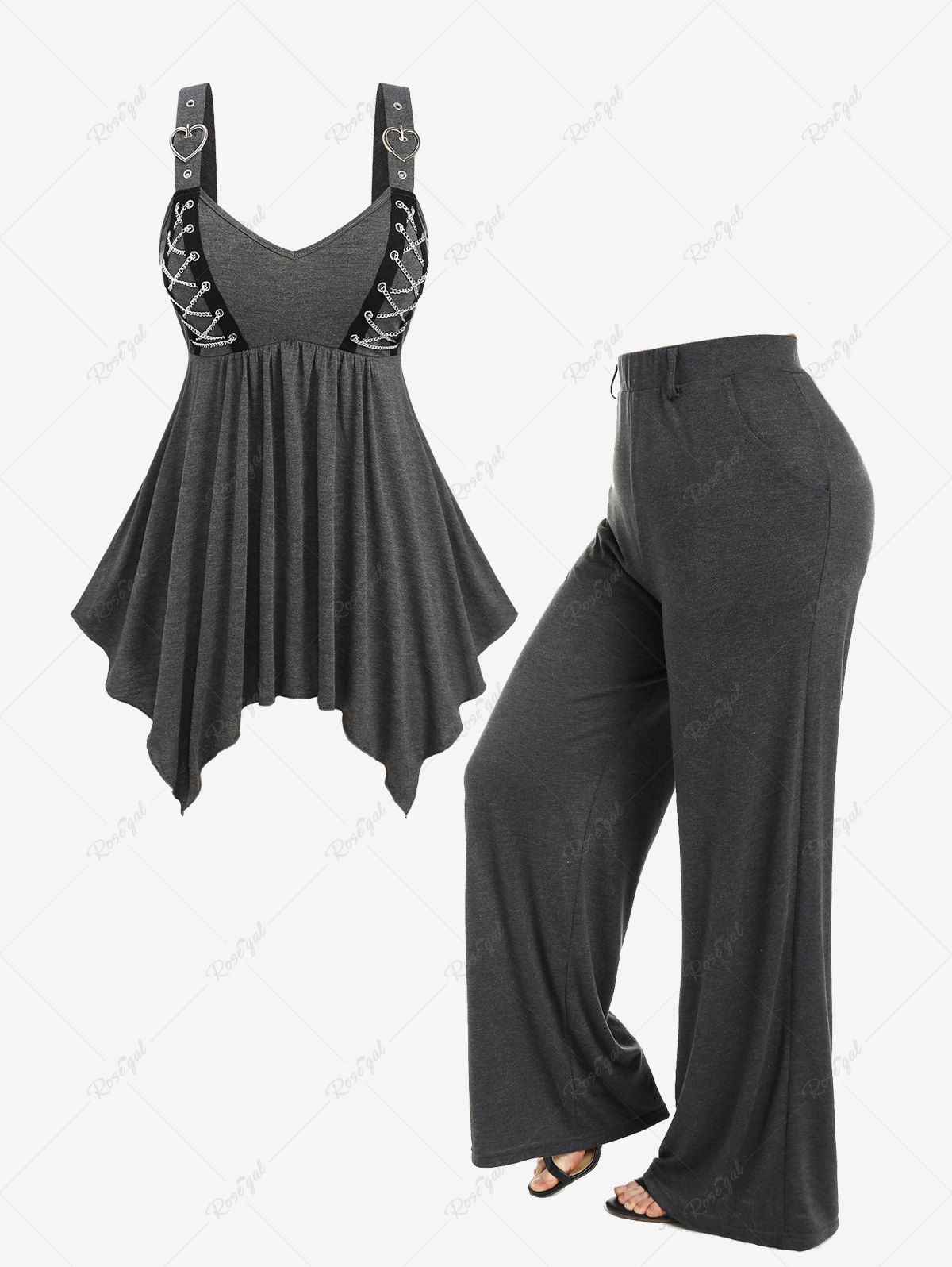 New Chains Braided Heart Buckle Handkerchief Tank Top and Wide Leg Pull On Pants Plus Size Outfits  