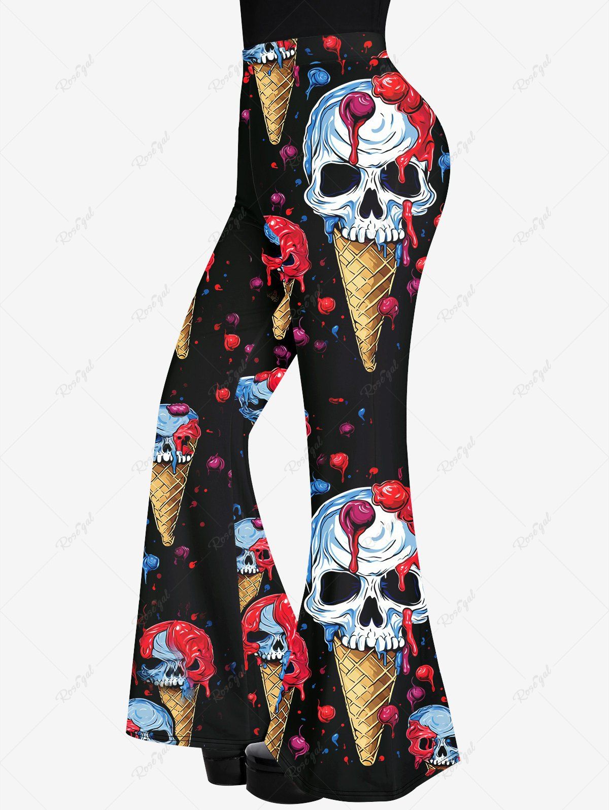 Fashion Gothic Skulls Ice Cream Floral Print Flare Pants  