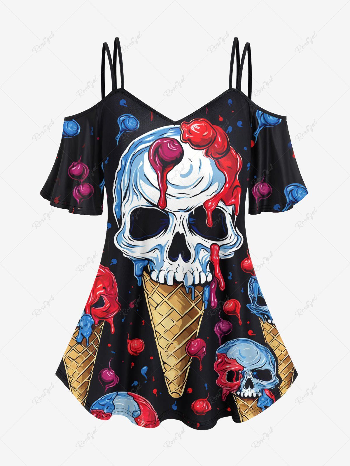 T-shirt à Bretelle Gothique Fleuri Crâne Imprimée à Epaule Dénudée Noir M