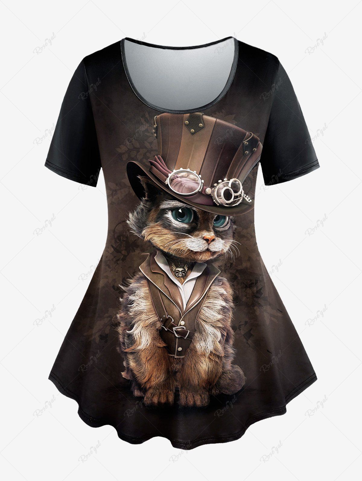 Discount Plus Size Cat Hat Floral Print T-shirt  