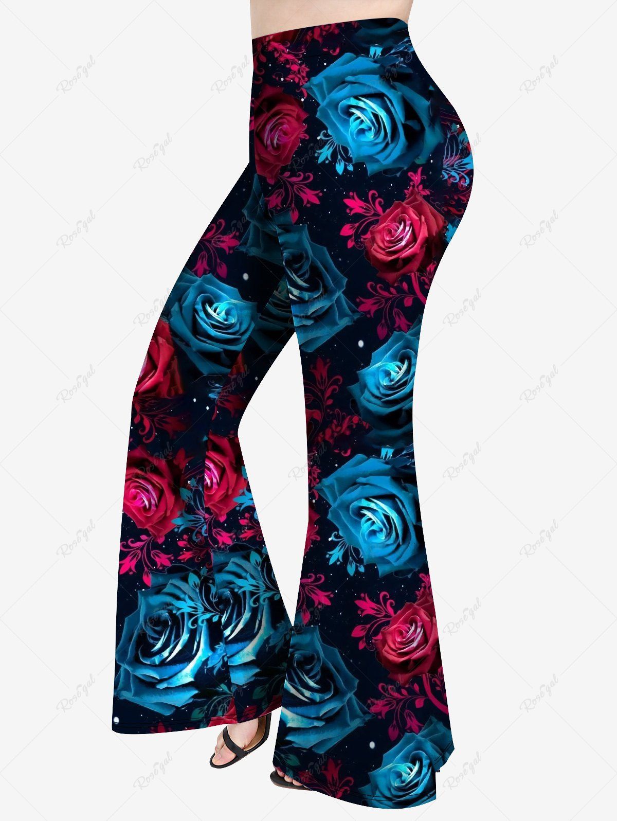 Hot Plus Size Rose Glitter Print Flare Pants  