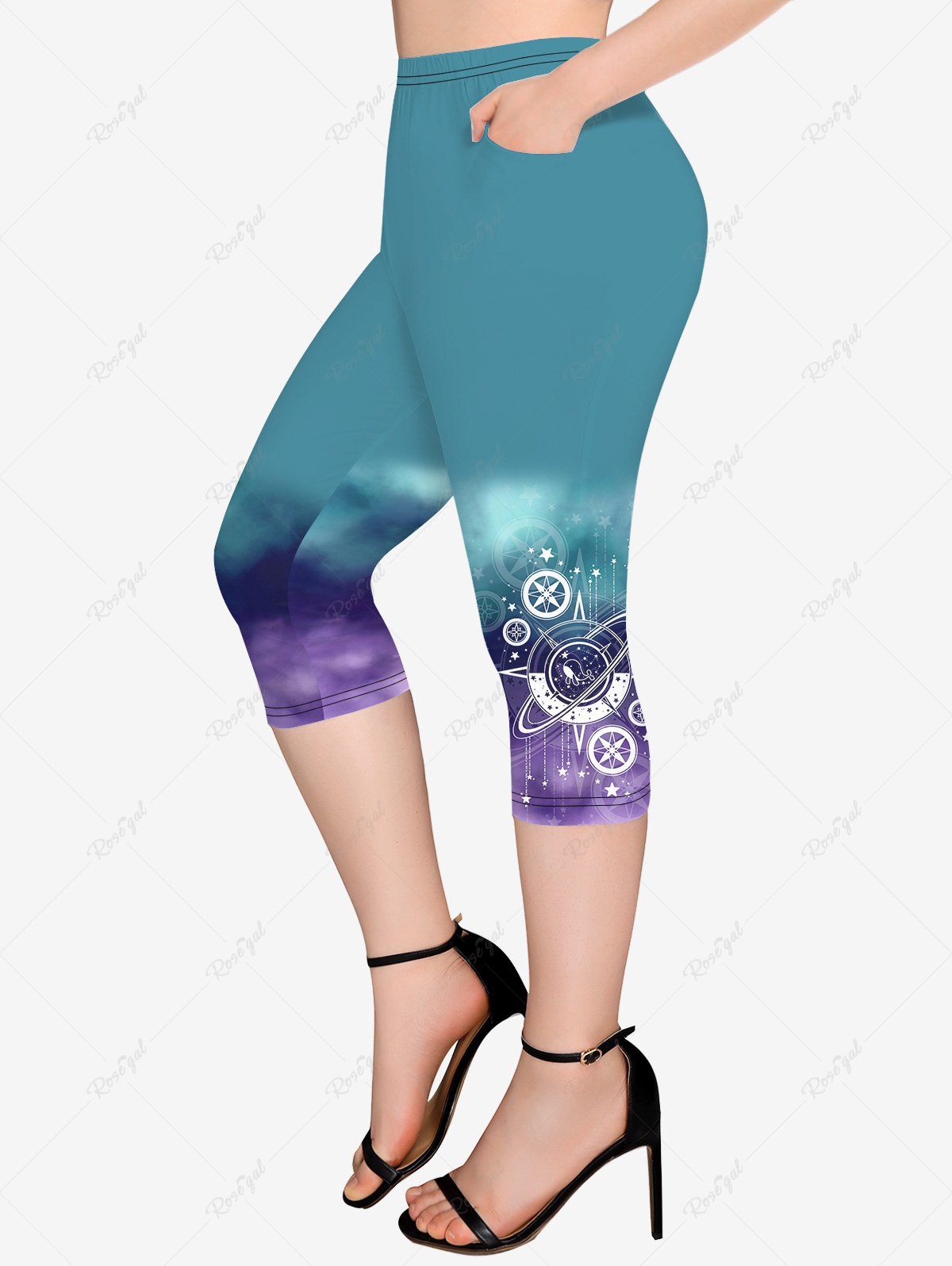 Outfit Plus Size Galaxy Ombre Print Pockets Capri Leggings  