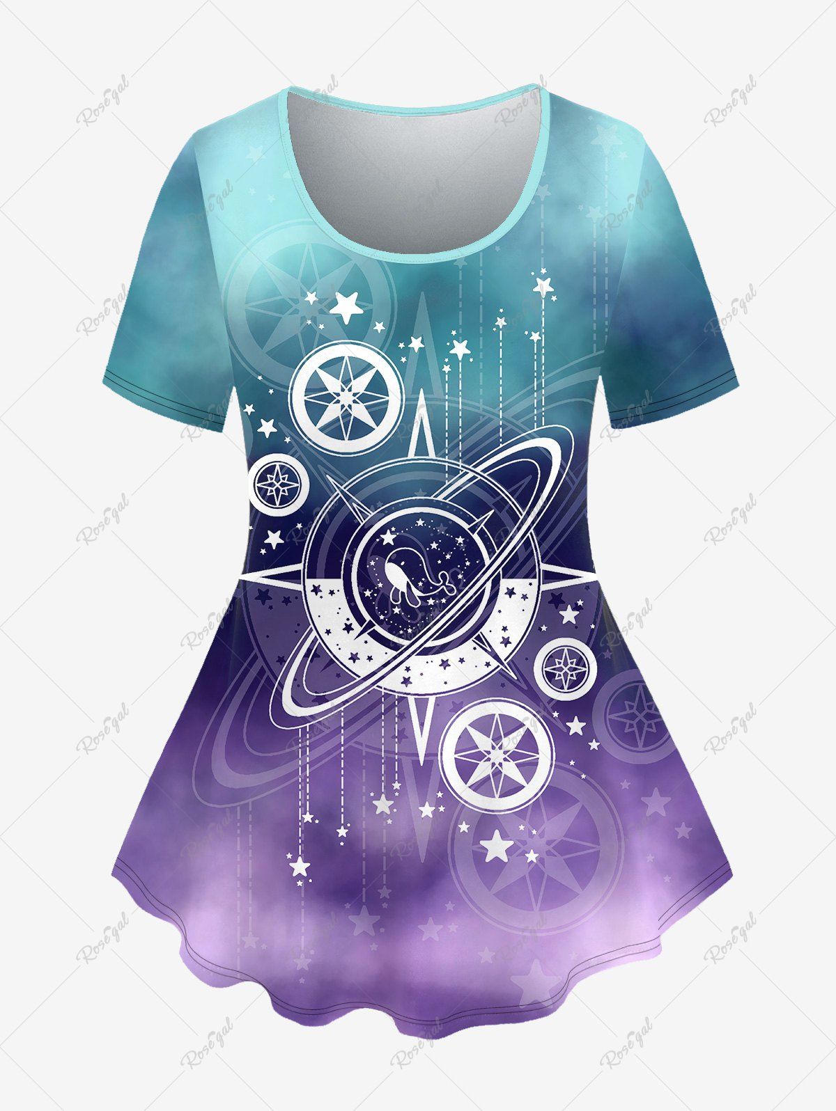 Trendy Plus Size Galaxy Ombre Colorblock Print T-shirt  