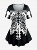 Ensemble de T-shirt D'Halloween Squelette Imprimée Costume de Grande Taille et de Pantalon Evasé - Noir 