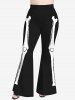 Ensemble de T-shirt D'Halloween Squelette Imprimée Costume de Grande Taille et de Pantalon Evasé - Noir 