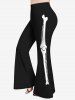 Ensemble de T-shirt D'Halloween Squelette Imprimée Costume de Grande Taille et de Pantalon Evasé - Noir 