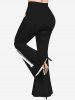 Ensemble de T-shirt D'Halloween Squelette Imprimée Costume de Grande Taille et de Pantalon Evasé - Noir 