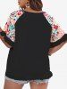 T-shirt Fleuri Imprimé de Grande Taille avec Frange - Noir 3XL