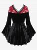 Gothic Plus Size Lace-up Cinched Ruched Lace Trim Velvet Flare Sleeves Top -  