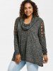 Plus Size Marled Braided Sleeves Cowl Neck T-shirt -  