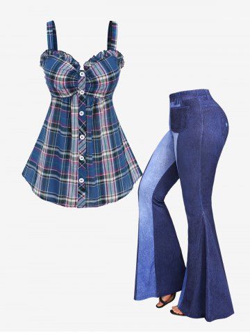 Plaid Ruched Buttons Tank Top and Pockets Colorblock Denim Print Flare Pants Plus Size Outfits