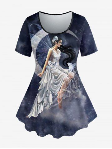 Plus Size Galaxy Moon Wings Cat Angel Print T-shirt - BLACK - 5X