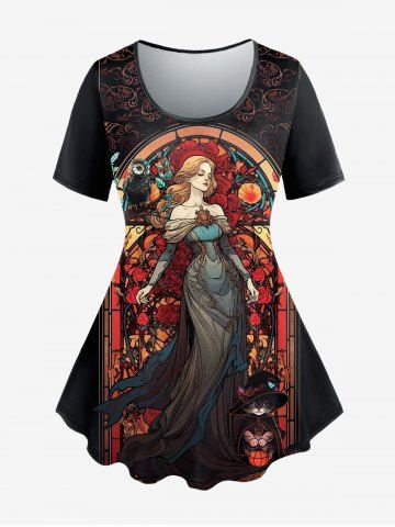 Plus Size Princess Flower Window Owl Cat Print T-shirt - RED - M