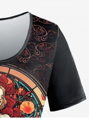 Plus Size Princess Flower Window Owl Cat Print T-shirt